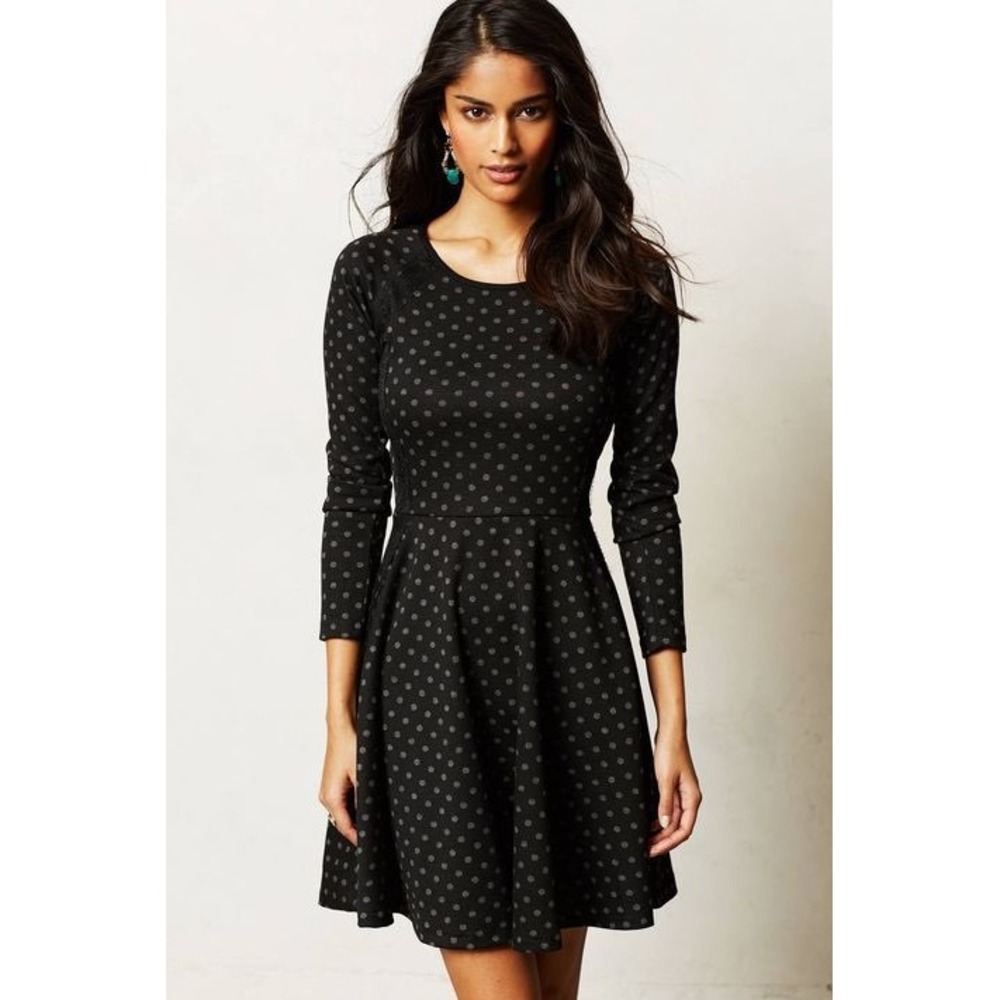 Anthropologie Weston Wear Polka Dot Fit Flare Dress Black Grey Lace Trim XS
